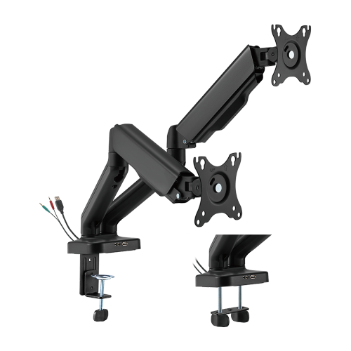 BRATECK Elegant Dual 17"-32" Counter Balance Monitor Desk Mount. Max Load up to 9Kgs Per Arm. VESA 75x75 & 100x100. Gas Spring with Matt Plastic Surface. Extend, Tilt & Swivel. Black Colour.</br></br>The LDT46-C024 Elemental Gas Spring Monitor Arm is stout in appearance and robust in performance. At the touch of a finger, the high-quality gas spring mechanism provides easy monitor arm movements, including up, down, extending and retracting to achieve the absolute best ergonomic position. The convenient VESA plate with keyhole slots provides quick display mounting or removal. Desk clamp and through-hole grommet mounts are included. Cable management along the arm maintains a clean work area and wires organized.