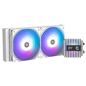 CPU Liquid Cooler 240mm,  with Live CPU Temperature Display, White- Pump size : 73 X 73 X 57.3(H)mm</br>- Pump speed : 3,000RPM±10%</br>- Fan speed :600~2,000RPM±10%</br>- Max noise level : 29.7dB(A) ±10%</br>- Max air flow : 69.12CFM±10%</br>- Max air pressure : 2.01mmH2O±10%</br>