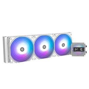 CPU Liquid Cooler 360mm, White  with Live CPU Temperature Display, </br>- Pump size : 73 X 73 X 57.3(H)mm</br>- Pump speed : 3,000RPM±10%</br>- Fan speed :600~2,000RPM±10%</br>- Max noise level : 29.7dB(A) ±10%</br>- Max air flow : 69.12CFM±10%</br>- Max air pressure : 2.01mmH2O±10%</br></br>