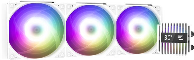 CPU Liquid Cooler 360mm, White  with Live CPU Temperature Display, </br>- Pump size : 73 X 73 X 57.3(H)mm</br>- Pump speed : 3,000RPM&plusmn;10%</br>- Fan speed :600~2,000RPM&plusmn;10%</br>- Max noise level : 29.7dB(A) &plusmn;10%</br>- Max air flow : 69.12CFM&plusmn;10%</br>- Max air pressure : 2.01mmH2O&plusmn;10%</br></br>