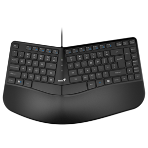 Ergonomic keyboard with palm rest</br>. Ergonomic split wave design for </br>natural typing</br>. Palm rest supports forearms and</br> ngers more comfort</br>. Foldable tilt legs help elbows and</br> wrist more support</br>
