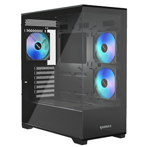 i801 (Black) E-ATX / ATX / Micro-ATX / Mini-ITX, Plastic, Steel, Tempered Glass, 2x3.5"HDD 2x2.5"SSD, USB3.0 x 1, USD2.0 x 2, HD Audio, Power, Reset, Fan LED Button, ARGB LED Fan 120mm x 2 (M/B Tray) / ARGB LED Fan 120mm x 1 (rear), RADIATOR Support M/B Tray : 240mm Top : 360mm Rear : 120mm, Max. GPU  400mm, Max Cooler 165mm, 480(L) x 210(W) x 485(H)</br>hold LED button down to switch to ARGB mainboard software control