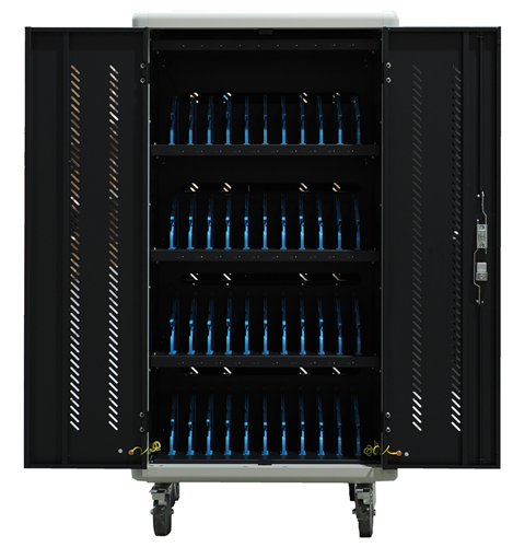 Ideal for transporting, securing, protecting and charging up to 40 Tablets or Chromebooks, 40x USB port charging (5V/2.0A per port), 40x AC power socket (Max 2400w), Built-in power supply for constant current and constant voltage; leakage protection and overload protection, External Master Power Switch and Breaker, Lockable - 4 keys included, Large Wheels with brakes and included handles make maneuvering easy, 3 x cooling fan (can be turned off), Fits notebooks up to 35mm wide,  Modular Notebook/Tablet Dividers - can be removed, 35mm  Dimensions - 600mm (w) x 700mm (d) x 1390mm (h)</br></br>Does not come with device charging cables