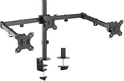 BRATECK 13"-27" Triple Monitor Economy Desk Mount Bracket. Detachable VESA Plate, Max 7kgs Per Arm. Rotate, Tilt & Swivel. Desk & Grommet Options Included. VESA 75x75 & 100x100. Matte Black</br></br>The LDT12-C034N is an affordable and popular triple monitor arm for three monitors to be mounted in a side-by-side configuration. Vertical height adjustment and two horizontal pivoting joints found on the left and right side arms provide ample positioning for the monitors. Made of high-quality steel, this mechanical triple monitor arm can firmly support monitors up to 7kg. Installation is easy using the included clamp-on mount or through-desk grommet mount. Detachable VESA plates make mounting or removal of monitors effortless. Cable clips are included keeping wires neatly organized and safely out of the way.</br>