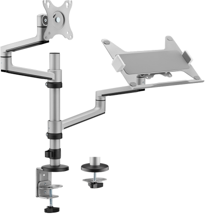 BRATECK 17"-32" Dual Arm Premium Articulating Monitor Arm & PC Tray. Arm Extension 466mm, Built-in Cable Management, Detachable VESA Plate. Desk Clamp & Grommet Mounting Inc. Matte Grey Colour.</br></br>A brand-new Aluminum Articulating Monitor Arm(s) is exceptionally designed for premium workplace scenarios. It offers a clamp/grommet base, so it's compatible with most desk types and user needs. Easy to install your monitor from 17”~32” via a detachable VESA plate, all settled in a neat look.