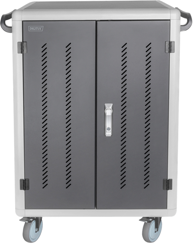 Ideal for transporting, securing, protecting and charging up to 30 Tablets or Chromebooks, Supports Tablets/Chromebooks up to 320x205x32 mm per bay, AC or USB Charging, 30x USB-C port charging (5V/2.0A per port), 30x AC power socket (Max 2400w), Built-in power supply for constant current and constant voltage; leakage protection and overload protection, External Master Power Switch and Breaker, Lockable - 4 keys included, Large Wheels with brakes and included handles make maneuvering easy, 3 x cooling fan (can be turned off), Fits notebooks up to 35mm wide,  Modular Notebook/Tablet Dividers - can be removed, 35mm  Dimensions - 600mm (w) x 600mm (d) x 1110mm (h)</br></br>Does not come with device charging cables