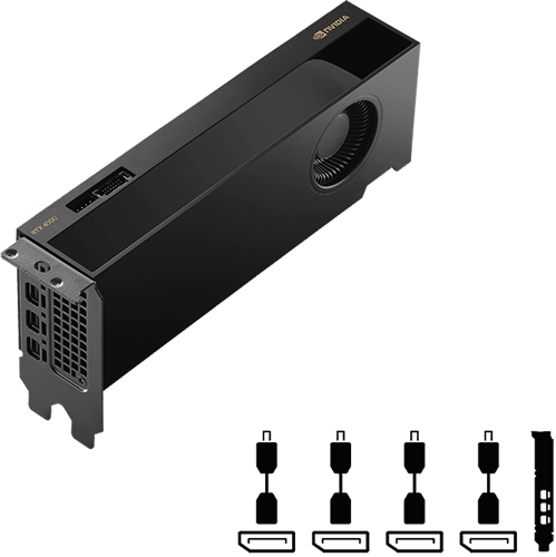 4x Mini DisplayPort 1.4a, NVIDIA Quadro RTX 4000 Ada generation, Max resolution:  7680 x 4320, 20GB DDR6 ECC 160bit, 6144 CUDA cores, 320GB/s bandwidth, Maximum 4xDisplays, 70W &#124; No Auxiliary Power Required