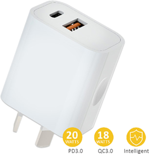 Support Multi-model quick charge by PD3.0 & QC3.0</br>Dual Port wall charger features one USB-C and USB-A port for fast and convenient charging of two devices simultaneously</br>The USB-C Port is enabled with the PD3.0 technology with the maximum power of 20Watts for super-fast charging of your USB-C enabled device</br>The USB-A quick charge 3.0 port also can deliver 20W of charging power to compatible devices when the two outlets are used separately.