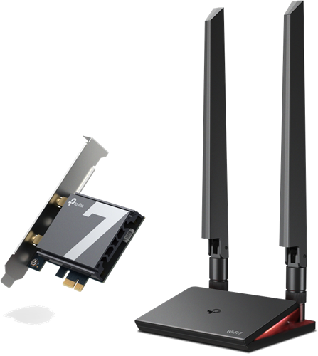 Wi-FI 7 BE9300 + Bluetooth 5.4 PCIe adapter</br>up to 5760 Mbps (6 GHz) + 2880 Mbps (5 GHz) + 688 Mbps (2.4 GHz)</br>Two multi-directional antennas with magnetised base</br>WPA3</br>