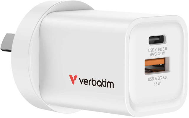 Verbatim’s 35W GaN Wall Charger combines one USB-C PD 35W port and one USB-A QC 3.0</br>port in a sleek, palm sized design. Ideal for the office, home or travelling to power your tablet,</br>smartphone, gaming devices, and more.