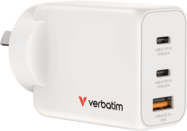 Verbatim’s 65W GaN Wall Charger combines two USB-C PD 65W ports and one USB-A QC 3.0 port in a sleek, palm sized design. Ideal for the office, home or travelling to power your laptop, tablet, smartphone, gaming devices, and more