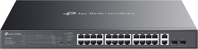"Omada 28-Port Gigabit Easy Managed Switch with 24-Port PoE+</br>PORT: 24× Gigabit PoE+ Ports, 2x Gigabit Non-PoE Ports, 2× Gigabit SFP Ports</br>SPEC: 802.3at/af, 384W PoE Power, 1U 19-inch Rack-mountable Steel Case</br>FEATURE: Integration with Omada SDN Controller and Omada Cloud Essentials, Fast PoE, Perpetual PoE, Flow Control, Loopback Detection, Port Isolation, Port Mirroring, LAG, VLAN, IGMP Snooping, QoS, Storm Control, 384W Total PoE Budget, up to 30W per port</br>