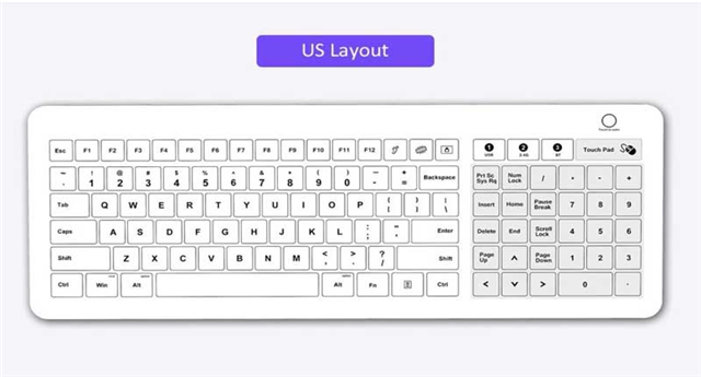 Tempered Glass+Rugged ABS case, 436x160x20mm, Haptic or Audible feedback when typing, Trackpad & Numpad Toggleable. IP68 cleanable typing surface, Wired USB