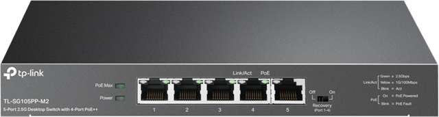 "5-Port 2.5G Desktop Switch with 4-Port PoE++ </br>PORT: 4× 2.5G PoE++ Ports, 1x 2.5G Non-PoE Port</br>SPEC: 802.3af/at/bt type3, 123 W PoE Power,  Desktop Steel Case</br>FEATURE: PoE Auto Recovery for Port1-4, Plug and Play"</br></br></br>