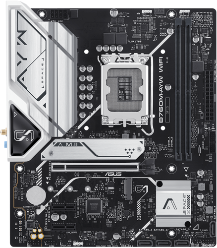 ASUS B760M-AYW WIFI, an Intel&reg; B760 LGA 1700 mATX motherboard with PCIe 4.0, two PCIe 4.0 M.2 slots, DDR5, Realtek 2.5Gb Ethernet, WiFi 6, HDMI&trade;, SATA 6 Gbps, front USB 3.2 Gen 1, Aura Sync