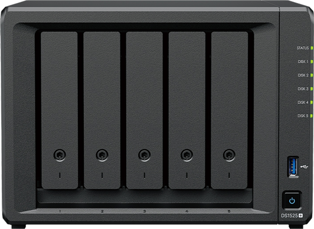 5-Bay NAS, AMD Ryzen V1500B, 8GB RAM (expandable to 32GB), 2x 3.5" SATA, 2x NVMe, 2x 2.5GbE</br>RAM upgrades SYN988, SYN981, SYN989</br>Expansion Unit DX525 via USB-C (up to 2)</br>3.5" Plus Series HDD Options:</br>HAT3300-4T</br>HAT3300-6T</br>HAT3310-8T</br>HAT3310-12T</br>HAT3310-16T</br>3.5" Enterprise HDD</br>HAT5300-4T</br>HAT5310-8T</br>HAT5300-12T</br>HAT5300-16T</br>HAT5310-20T</br>2.5" SATA SSD</br>SAT5221-480G</br>SAT5221-960G</br>SAT5221-1920G</br>SAT5221-3840G</br>SAT5210-7000G</br></br>