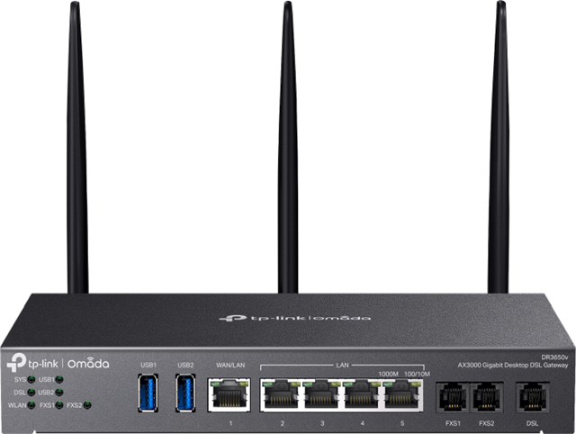 AX3000 Wi-Fi 6 with 2402 Mbps on 5 GHz and 574 Mbps on 2.4 GHz*1*4</br>VDSL2 35b: Supports 350Mbps DSL Access*2</br>VDSL2/ADSL2+/ADSL2/ADSL Compatibility</br>4G+ Cat6 up to 300Mbps</br>2 x Embeded SlM Card Slots</br>Centralised Cloud Management</br>IPSec/PPTP/L2TP/OpenVPN/WireGuard/GRE/SSL VPN</br>Load Balancing Between DSL and Ethernet WAN</br>Omada Mesh Technology*3</br>3 &times; RJ11 Ports (2 &times; FXS, 1 &times; DSL) & 5 &times; RJ45 Gigabit Ports & 1 &times; USB 3.0 Port</br>Desktop/Wall Mounting</br>8.9 &times; 5.2 &times; 1.4 in (226 &times; 131.2 &times; 35 mm)</br>