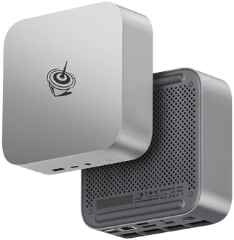 BEELINK SER8 Mini PC Barebone System - AMD Ryzen 7 8845HS 8 Core 16 Thread up to 5.1GHz - 32GB DDR5-5600 SoDIMM (2x16GB) - 1TB M.2 SSD - spare M.2 slot -  Radeon 780M graphics - 1x HDMI - 1x DisplayPort - USB4 Type-C (Triple display supported) - RJ45 2.5 Gigabit Ethernet - Wi-Fi 6 - Bluetooth 5.2 - 3.5mm audio - 1x USB Type-C (data) 2x USB3.2  2x USB2.0, 135 x 135 x 44.7mm, Frost Silver
