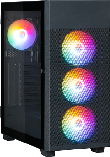 ATX Mid-Tower Case, Acrylic side panel, Pre-installed fan: 3x 120mm RGB(Front), 1x 120mm RGB((Rear), Radiator support: 360mm(Front), 360mm(Top), Mesh front for efficient air ventilation, Bottom PSU Installation with shroud.</br></br>