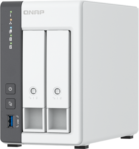 2-Bay NAS, ARM 4-core Cortex-A55 2.0GHz processor , 4GB RAM (non-expandable), 2x 3.5/2.5" SATA, 1x 2.5GbE, 2x USB2.0, 1x USB3.2</br>165 &times; 102 &times; 220.6 mm</br>Find compatible drives here:</br>https://www.qnap.com/en/compatibility/