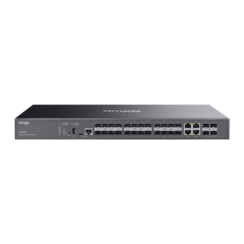 &bull;	20&times; Gigabit SFP slots and 4&times; Gigabit RJ45/SFP Combo ports</br>&bull;	4&times; 10 Gbps SFP+ slots</br>&bull;	128 Gbps switching capacity per unit</br>&bull;	Dual internal power supplies provide mutual backup</br>&bull;	Physical stacking up to 4 units for built-in redundancy and performance</br>&bull;	L3 features: RIP, OSPF, Static Routing, and DHCP Server/Relay</br>&bull;	Security strategies: ACL, Port Security, DoS Defend, 802.1X</br>&bull;	ERPS supports rapid protection and recovery in a ring topology</br>&bull;	Centralized cloud management via the Omada SDN controller</br>&bull;	Standalone management via web, CLI, SNMP, and RMON</br>