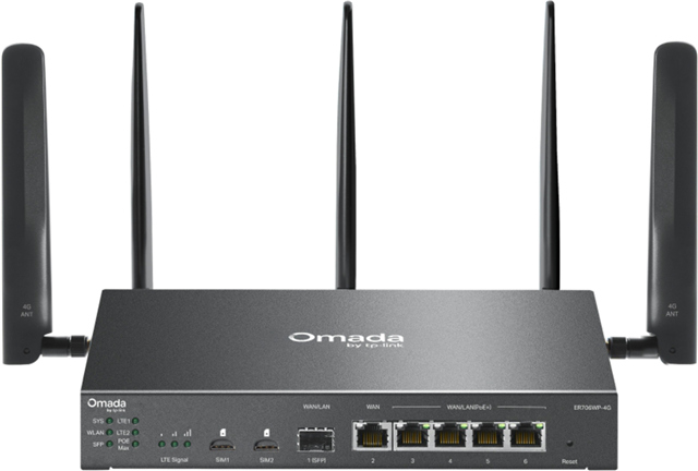 Support 4G+ Cat6: Insert a Nano SIM card to enjoy up to 300 Mbps.**</br></br>AX3000 Dual-Band Wi-Fi 6: Supports 2402 Mbps on 5 GHz and 574 Mbps on 2.4 GHz*</br>    6 Gigabit Ethernet Ports:</br>1 Gigabit SFP WAN/LAN Port</br>&bull; 1 Gigabit WAN Port</br>&bull; 4 Gigabit LAN/WAN PoE Ports</br></br>    4 Ports PoE+ Output, 45 W PoE Budget</br>    5 High-Gain Detachable Antennas: Extend and concentrate the Wi-Fi signals.</br>    Centralised Management: Cloud access and the Omada app for easy management.</br>    Omada Mesh: Seamlessly connects to EAPs that support mesh technology.*?</br>    High-Security VPN: Supports IPSec / SSL / WireGuard / OpenVPN / PPTP / L2TP VPN.?</br>