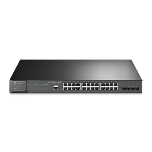 Omada 28-Port PoE+ Gigabit L2+ Managed Switch with 4 SFP Slots</br>PORT: 24&times; Gigabit PoE+ Ports, 4&times; Gigabit SFP Slots, RJ45/Micro-USB Console Port</br>SPEC: 802.3at/af, 384 W PoE Power, 1U 19-inch Rack-mountable Steel Case</br>FEATURE: Integration with Omada SDN Controller,Static Routing, OAM, 802.1Q VLAN, QinQ, STP/RSTP/MSTP, IGMP Snooping, 802.1p/DSCP QoS, ACL, 802.1x, Radius/Tacacs+ Authentication, LACP, CLI, SNMP, Dual Image/Configuration, IPv6"</br>