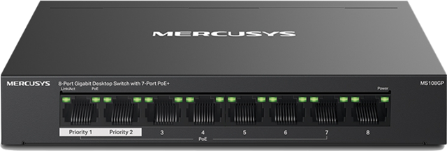 "8-Port Gigabit Desktop Switch with 7-Port PoE+ </br>PORT: 7&times; Gigabit PoE+ Ports, 1&times; Gigabit Non-PoE Ports</br>SPEC: Compatible with 802.3af/at PDs, 65 W PoE Power, Desktop Steel Case, Wall Mounting</br>FEATURE: Extend Mode for 250m PoE Transmitting, Priority Port1-2, Isolation Mode, Plug and Play"</br>
