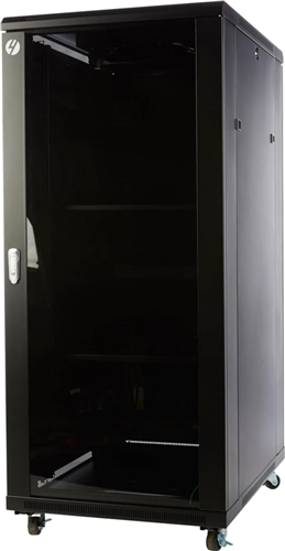 4Cabling 27RU 600mm Wide x 800mm Deep Free Standing Server Rack</br>FEATURES</br>Supplied Fully Assembled</br>Constructed from High-Quality Cold-Rolled Steel</br>Rails 2mm, frame and doors 1.2mm, panels, shelves and cable management 1.2mm</br>4-way Ceiling Mount Fan Kit</br>6-way Rack Mount Power Rail</br>20 sets of cage nuts</br>2 x fixed shelves</br>Lockable tempered glass front door, solid lockable steel side and back doors</br>Adjustable 19" L rails front and rear of server rack</br>Levelling feet and lockable castor wheels</br>Cable entry glands on the top and bottom</br>Earthed doors and side panels</br>Static loading capacity 800kg</br>Designed/built to ANSI-310-D, IEC 297-2, DIN 41491/41494 Standards</br></br>Direct Delivery Item from Supplier