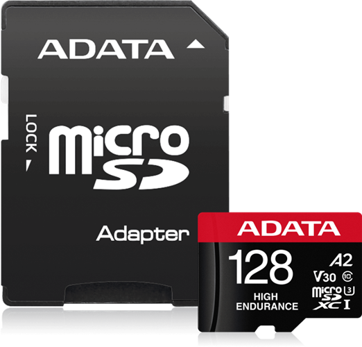 High Endurance microSDXC/SDHC UHS-I Card 128GB RETAIL W/1 ADAPTER, SD 6.0, UHS Speed : Class 3, Speed Class : Class 10, Video Speed Class : V30, Application Performance Class : A2, up to 100MB / 85MB per sec, Operating Temperature	-25&deg;C ~ 85&deg;C,</br>Recording Full HD at 26 Mbps at 30 degrees :up to 20,000 hours of video with 128GB card, 234TBW