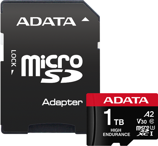 High Endurance microSDXC/SDHC UHS-I Card 1TB RETAIL W/1 ADAPTER, SD 6.0, UHS Speed : Class 3, Speed Class : Class 10, Video Speed Class : V30, Application Performance Class : A2, up to 100MB / 85MB per sec, Operating Temperature	-25&deg;C ~ 85&deg;C,</br>Recording Full HD at 26 Mbps at 30 degrees :up to 80,000 hours of video with 512GB card, 936TBW</br>Specifically designed for continuous recording and constant re-recording. They are ideal for dashcams and surveillance systems.