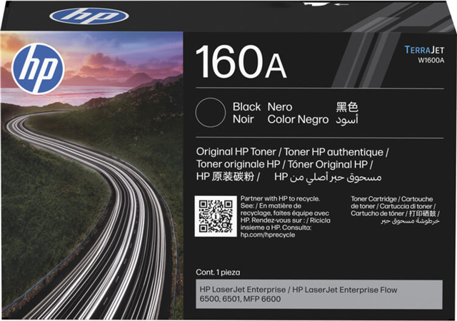 HP 160A toner cartridge works with: HP LaserJet Enterprise / HP LaserJet Enterprise Flow 6500, 6501, MFP 6600</br>(~10,500) pages.