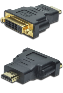 HDMI type A (19-pin) plug <=> DVI-I-DL (24+5) jack, Moulded housing, Colour: Black