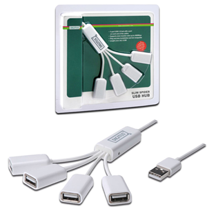 The slim connectivity solution, ideal to use at home or on the road.
USB Powered, 4-port USB 2.0 hub with a port on each end of the cables,  Ready to connect with built-in USB connection cable, Supports data transfer rates up to 480Mbps